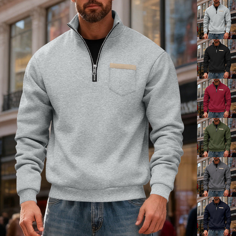 Herren nan Sweatshirt mit halbem Reißverschluss Stehkragen und Brusttasche EB