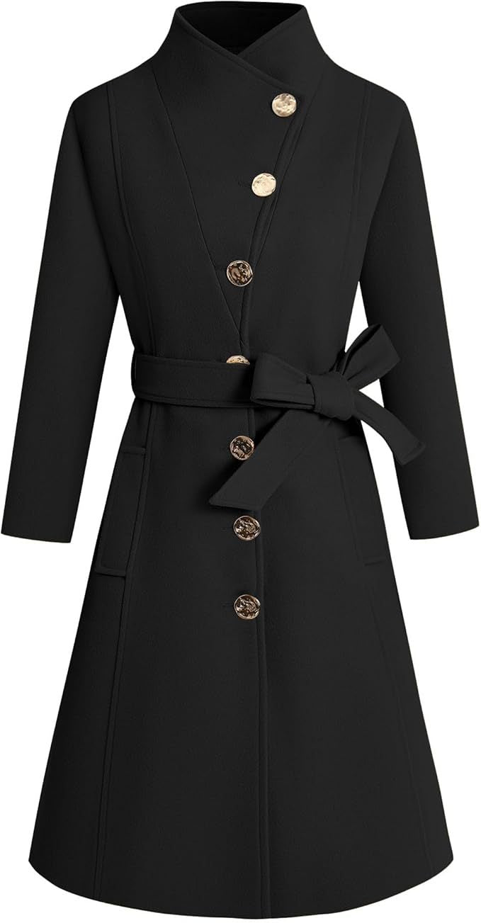 Damen eleganter Wrap-Mantel mit ausgefallenem Kragen und Gürtel EB
