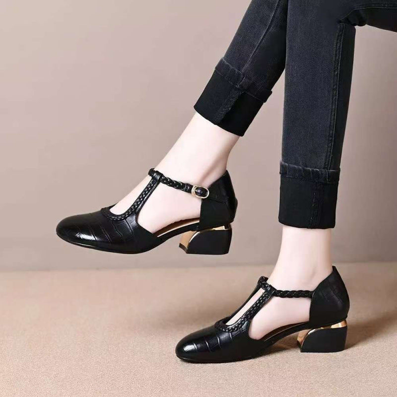 Damen Elegante T-Strap Pumps mit geflochtenem Detail und modischem Absatz EB