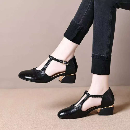 Damen Elegante T-Strap Pumps mit geflochtenem Detail und modischem Absatz EB