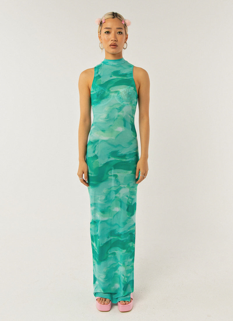 Damen elegantes Maxikleid mit hohem Kragen und fließendem Schnitt EB