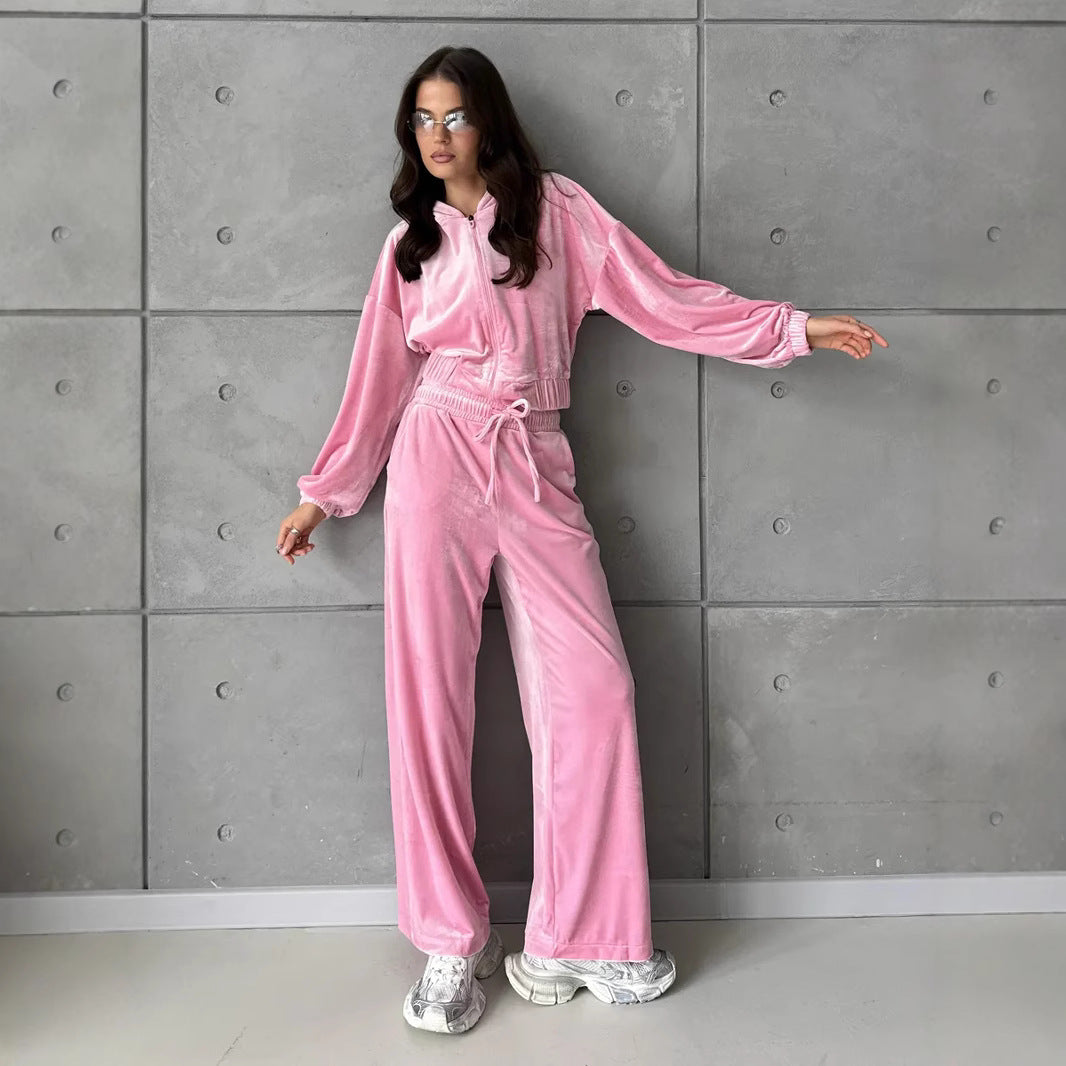Damen weiches Velours-Lounge-Set mit kurzer Reißverschluss-Kapuzenjacke und weiter High-Waist-Hose EB