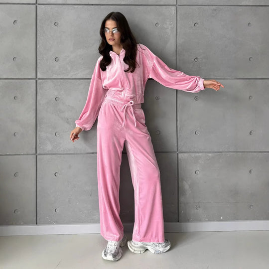 Damen weiches Velours-Lounge-Set mit kurzer Reißverschluss-Kapuzenjacke und weiter High-Waist-Hose EB