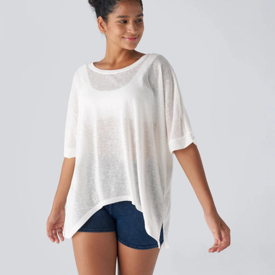Damen lässiges Oversized T-Shirt mit seitlichen Schlitzen und umgeschlagenen Ärmeln EB