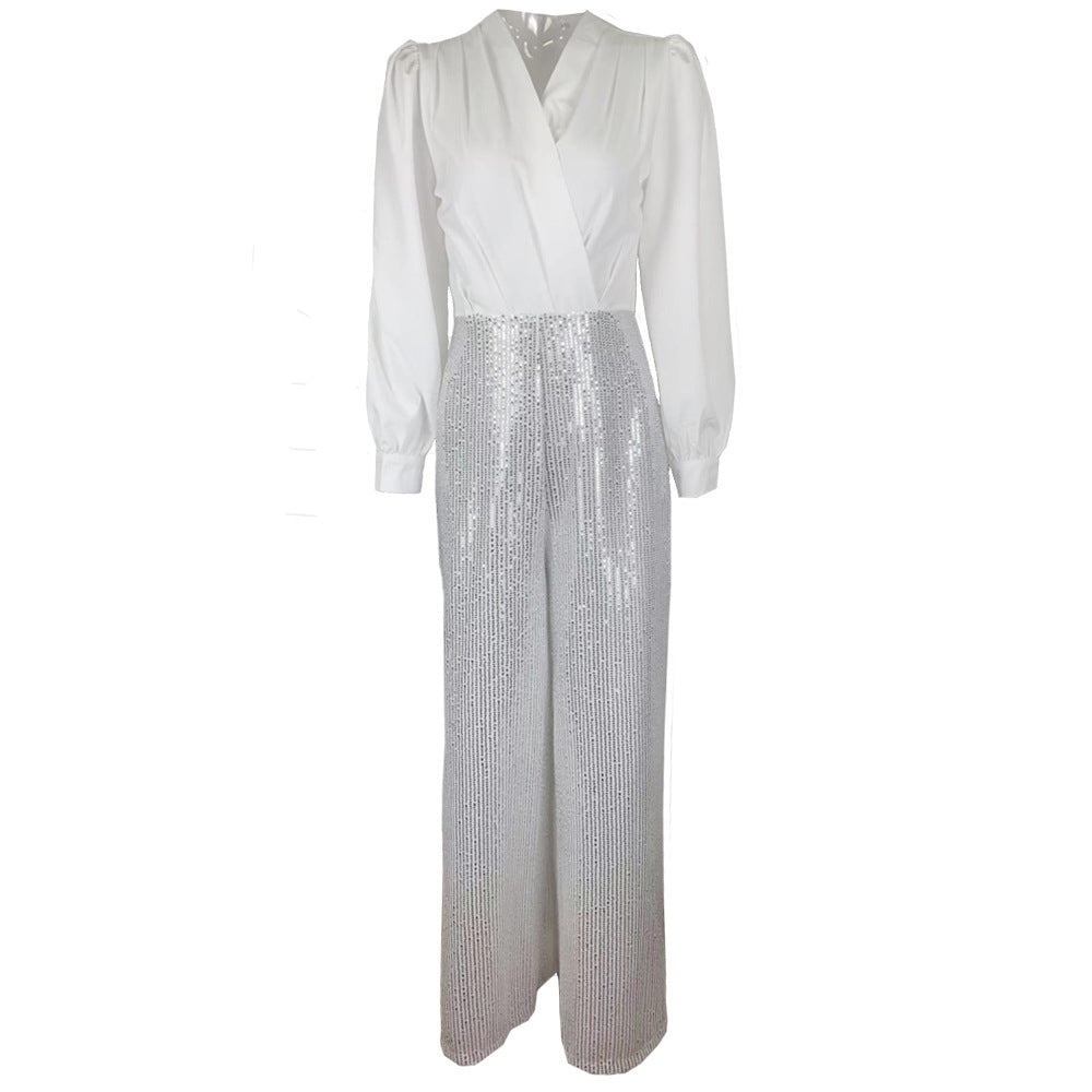 Damen elegante Overall mit funkelnden Pailletten und langem Schnitt EB
