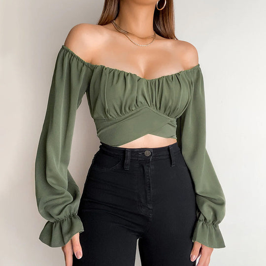 Damen Off-Shoulder Bluse mit Raffung und langen Ärmeln EB