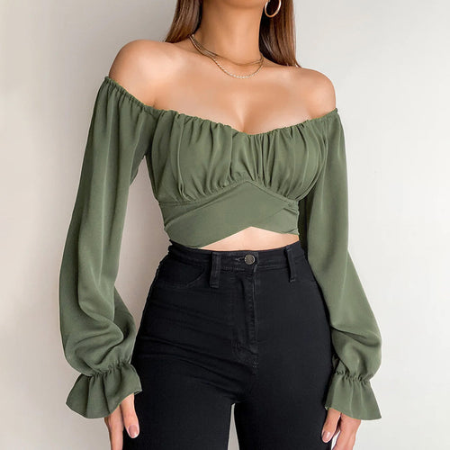 Damen Off-Shoulder Bluse mit Raffung und langen Ärmeln EB