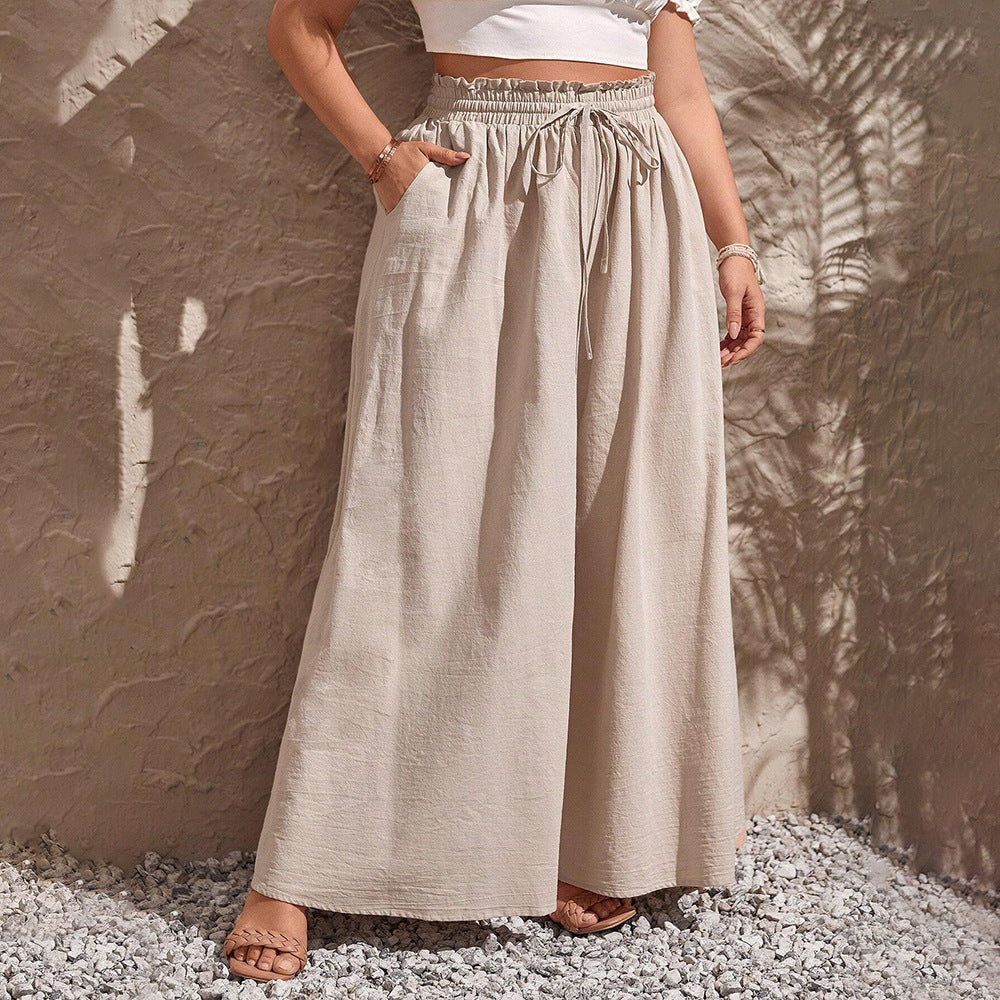 Damen weite Leinenhose mit elastischem Bund und seitlichen Taschen EB
