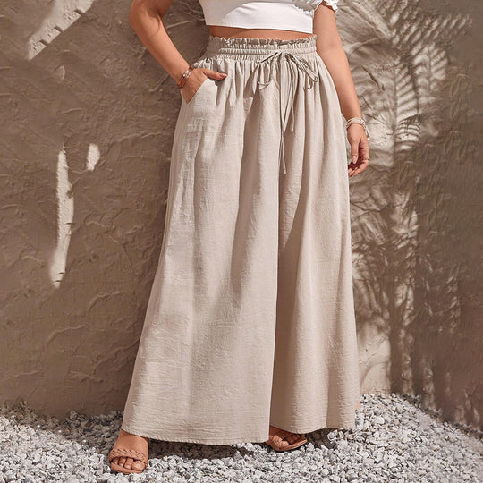 Damen weite Leinenhose mit elastischem Bund und seitlichen Taschen EB