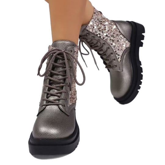 Damen  glitzernde Schnür-Bikerboots mit robust profilierter Sohle und metallisch genarbter Oberfläche EB