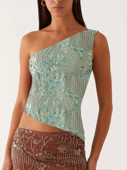 Damen Elegantes Bustier-Top mit floralen Stickereien und asymmetrischem Schnitt EB