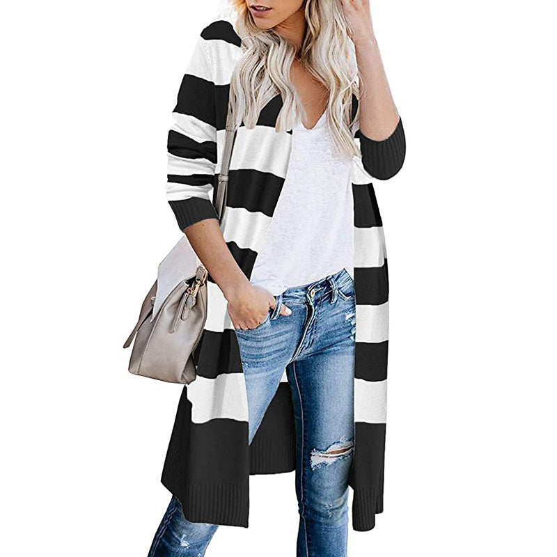 Damen Langer Strickcardigan mit gestreiftem Design EB