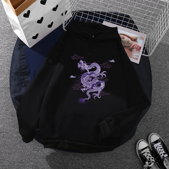Unisex nan oversized Kapuzensweatshirt mit detailliertem Drachendruck, angerautem Fleece-Innenfutter und Känguru-Tasche EB