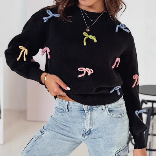 Damen Strickpullover mit verspielten Schleifenapplikationen und lässigem Schnitt EB