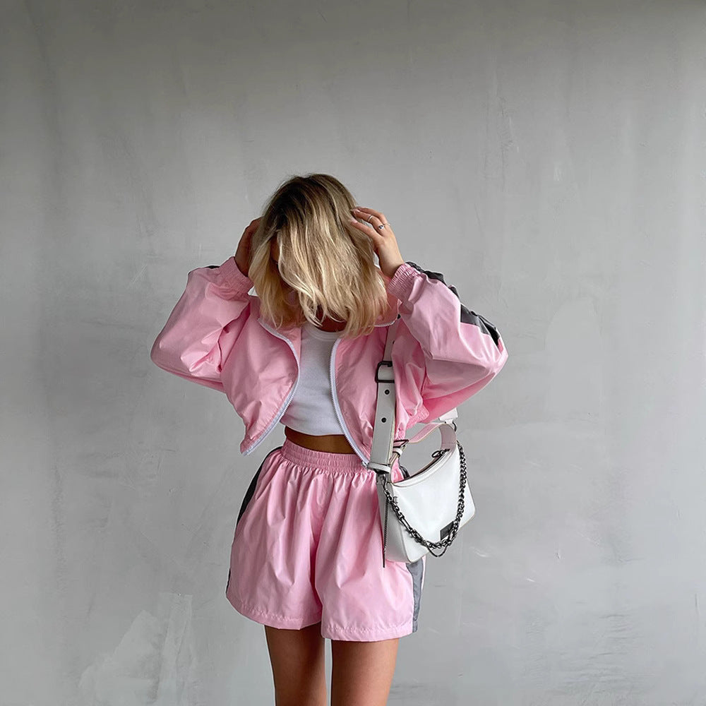 Damen sportliches Windbreaker-Set mit elastischem Bund und stylischen Kontraststreifen EB