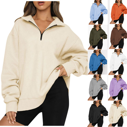 Damen nan oversized Sweatshirt mit halbem Reißverschluss, Stehkragen und überschnittener Schulter EB