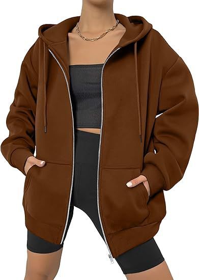Damen nan oversized Zip-Kapuzenjacke mit kontrastierendem Reißverschluss, doppellagiger Kapuze und Kängurutasche EB