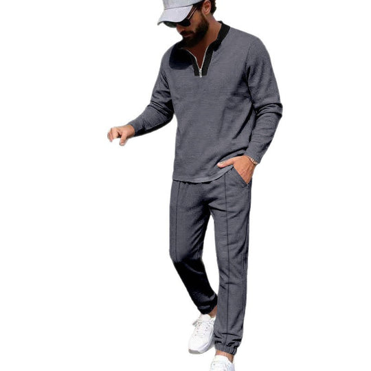 Herren Leichtes Henley-Loungewear-Set mit Kontrastkragen, Tunnelzug-Jogger und elastischen Bündchen EB