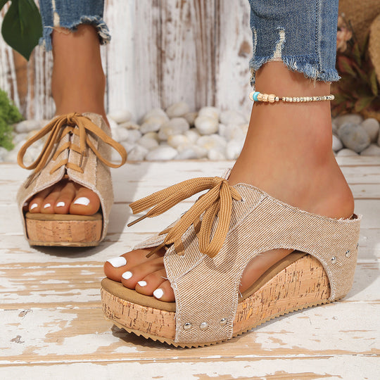 Damen Wedge-Sandalen mit dekorativem Schnürung und Korksohle EB
