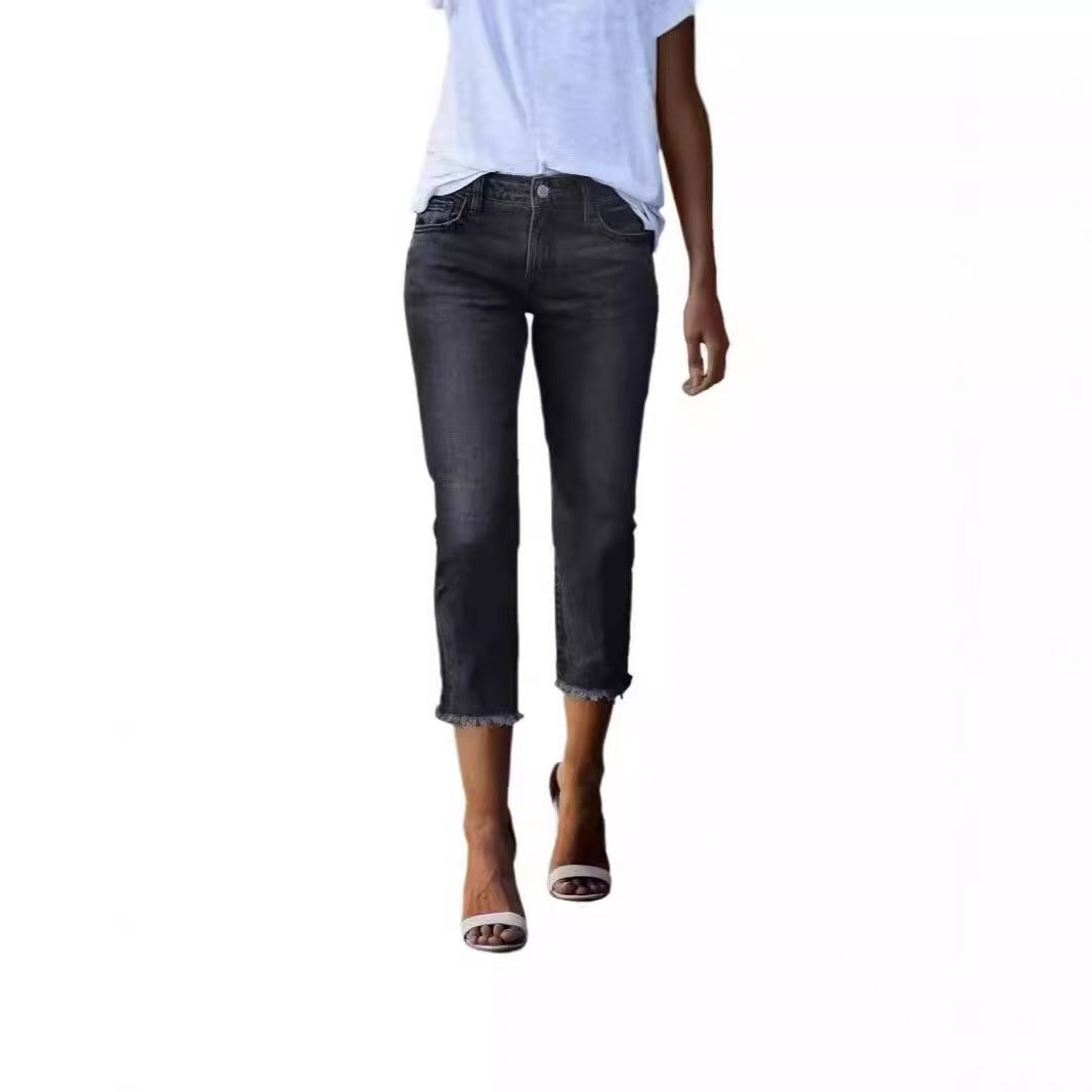 Damen 3/4 Jeans mit modischem Fransenabschluss EB