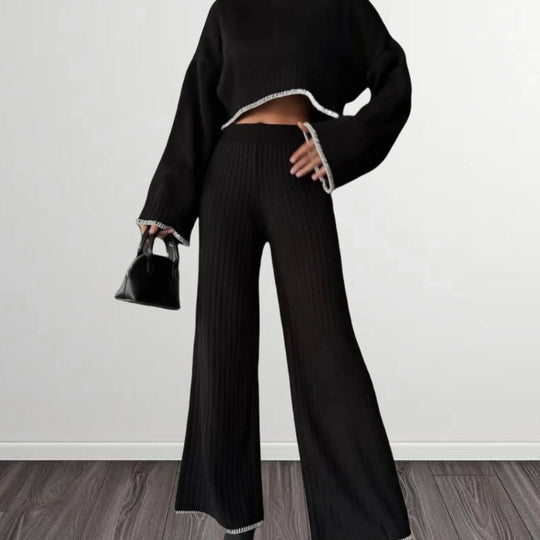 Damen elegantes Strickanzug mit weitem Bein und romantischen Ärmeln EB