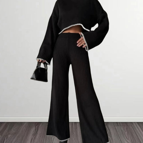 Damen elegantes Strickanzug mit weitem Bein und romantischen Ärmeln EB