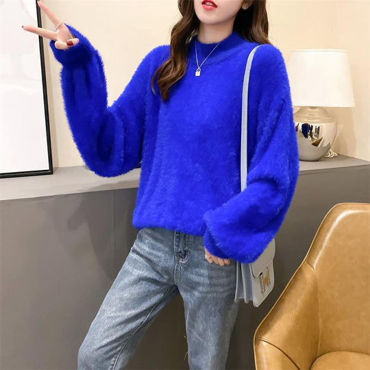 Damen Flauschiger Mohair-Mix Pullover mit Stehkragen und Oversize-Silhouette EB