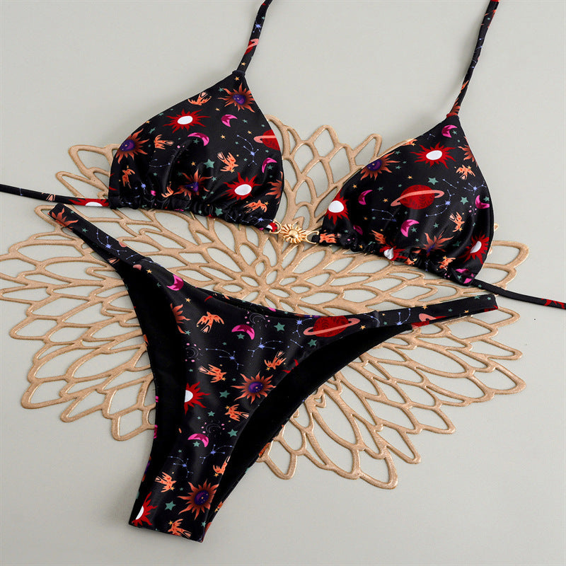 Damen Triangel-Bikini mit floralem Muster und eleganter Goldschließe EB