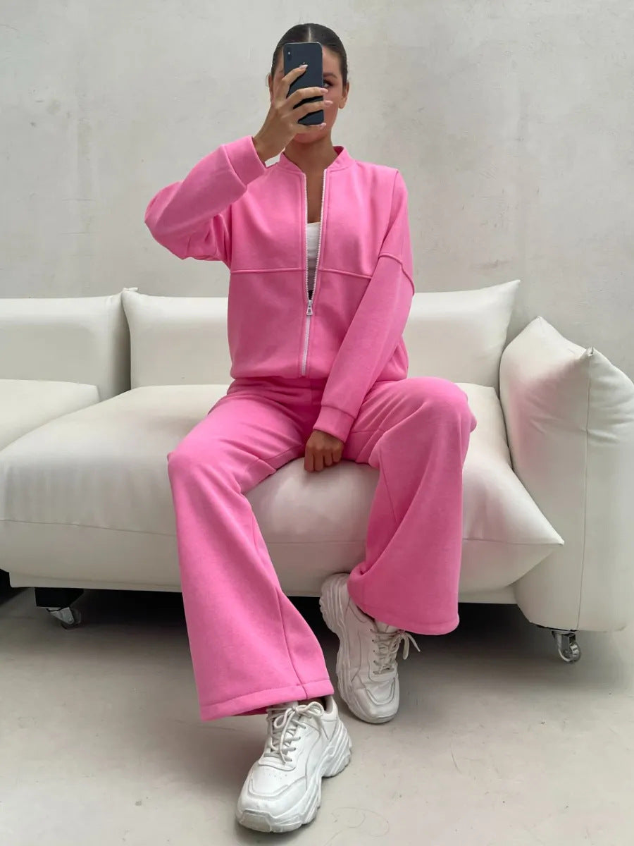 Damen lässiges Zip-Lounge-Set mit Stehkragen und weitem Highwaist-Joggpant Eichborn Berlin