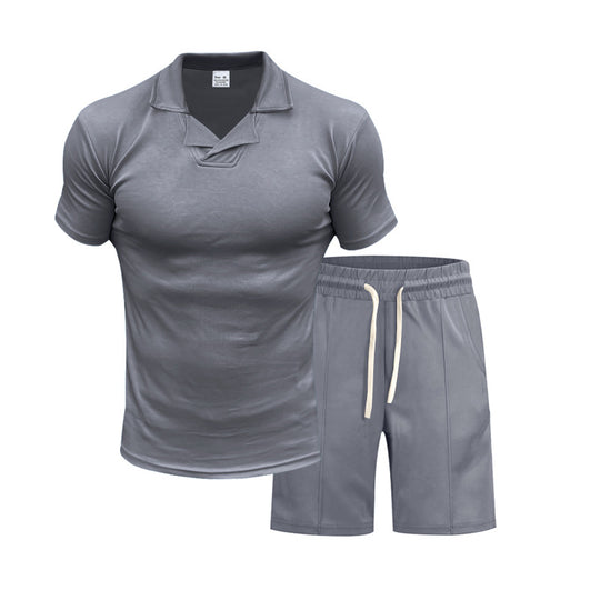 Herren nan kurzärmeliges Polo-Lounge-Set mit V-Einsatz am Kragen und Kordelzug-Bermuda EB