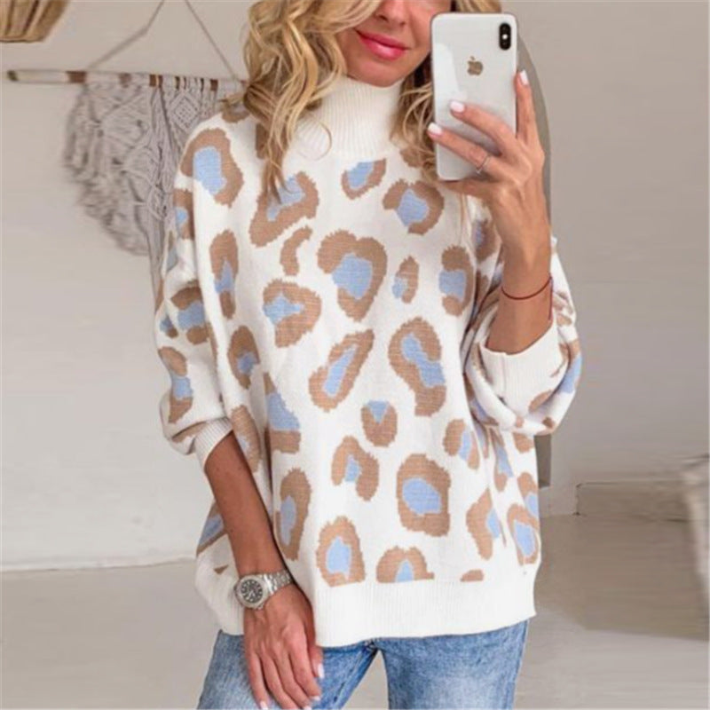 Damen Oversize Rollkragenpullover mit Leo-Jacquard und Rippbündchen EB