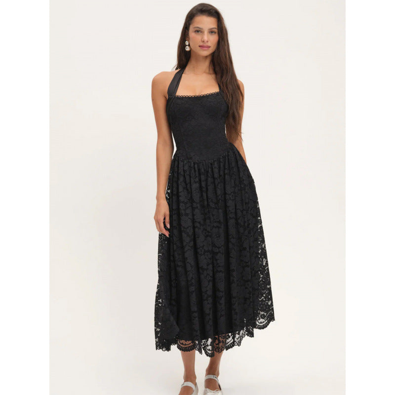 Damen luftiges Sommerkleid mit romantischem Spitzenoberteil und elastischem Taillenbund EB
