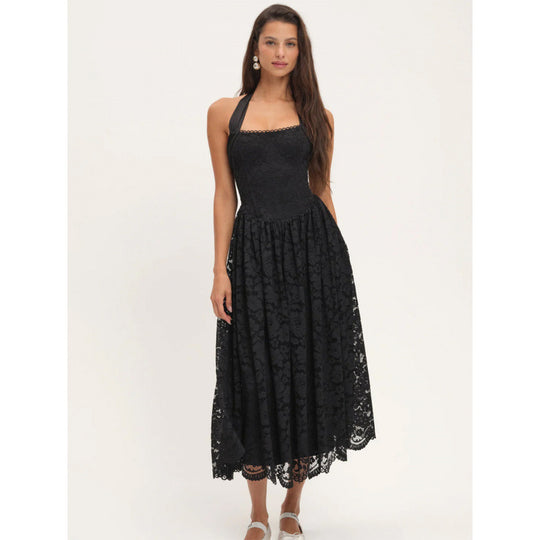 Damen luftiges Sommerkleid mit romantischem Spitzenoberteil und elastischem Taillenbund EB