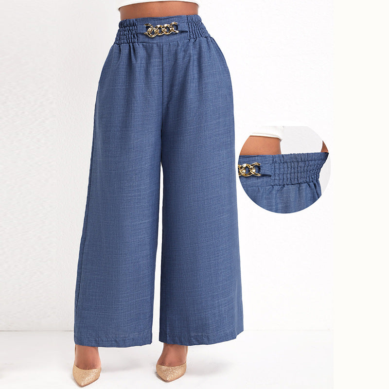 Damen Elegante Weitbein-Hose mit elastischem Bund und goldener Kette EB