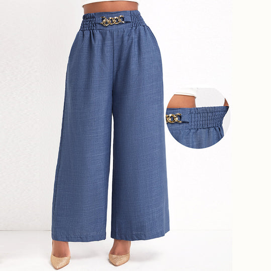 Damen Elegante Weitbein-Hose mit elastischem Bund und goldener Kette EB