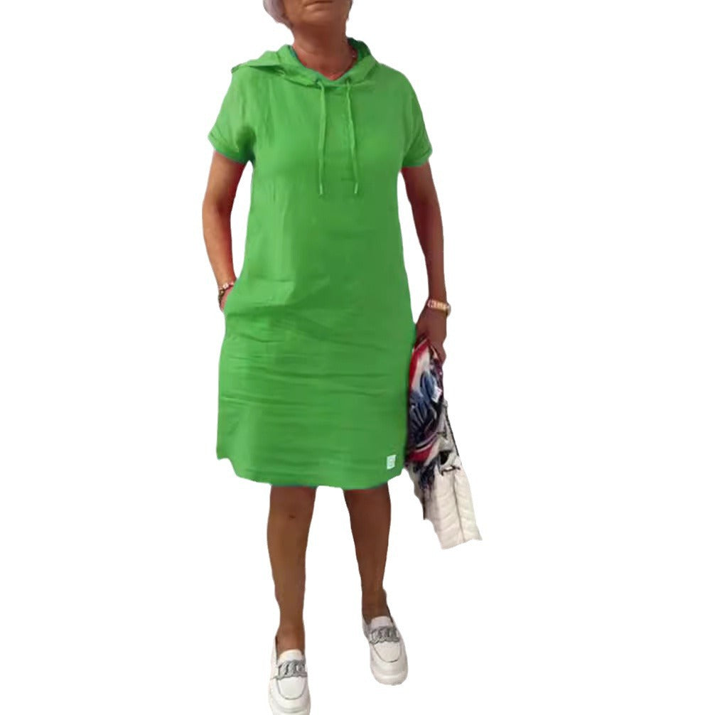 Damen nan legeres Kapuzenkleid mit kurzem Ärmel, geradem Schnitt und Kordelzug EB