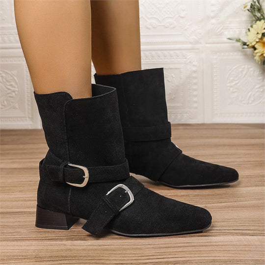 Damen Biker-inspirierte Mid-Boots aus Velourslederoptik mit spitzer Kappe und verstellbaren Gürtelschnallen EB