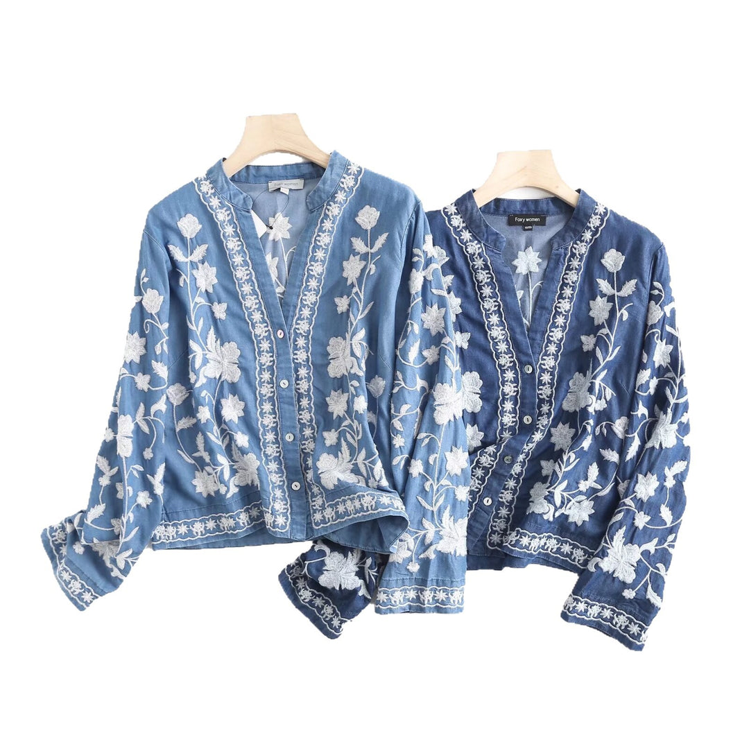 Damen bestickte Bluse im Vintage-Stil mit elegantem Kragen und Druckknopfverschluss EB