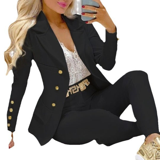 Damen nan tailliertes Doppelreiher-Blazer-Set mit goldknopf-Detail und hochtaillierter Slimhose EB