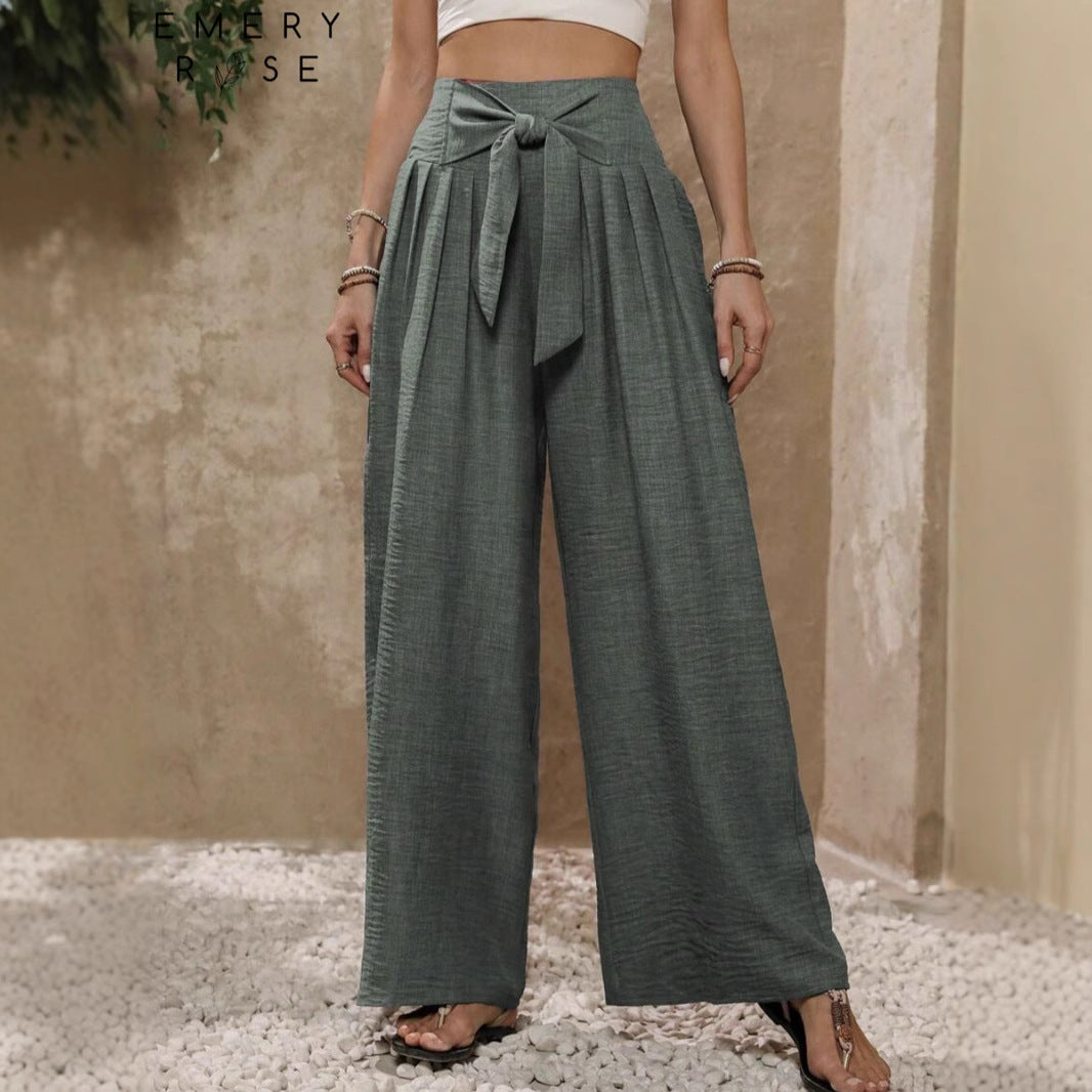 Damen Weite Hochtaillierte Hose mit Schleifenbund und Falten EB