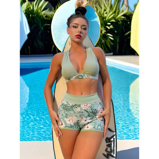 Damen sportliches Bikini-Set mit hohem Bund und floralem Design EB