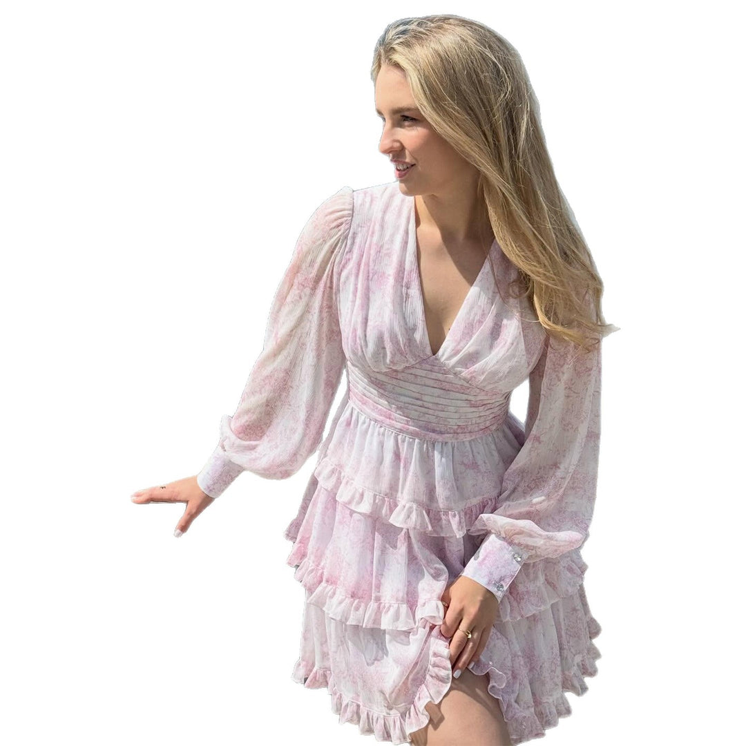 Damen romantisches Rüschendetail Kleid mit tiefem V-Ausschnitt und langem Ärmel EB