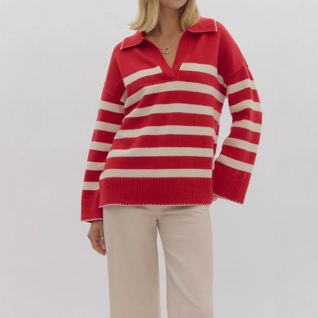 Damen kuschelige Strickpullover mit modernem Streifenmuster und V-Ausschnitt EB