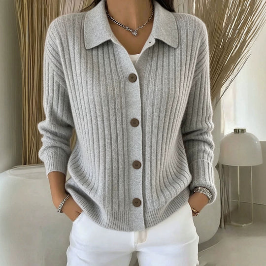 Damen Feiner gerippter Knopf‑Cardigan mit Hemdkragen und kastiger Silhouette EB