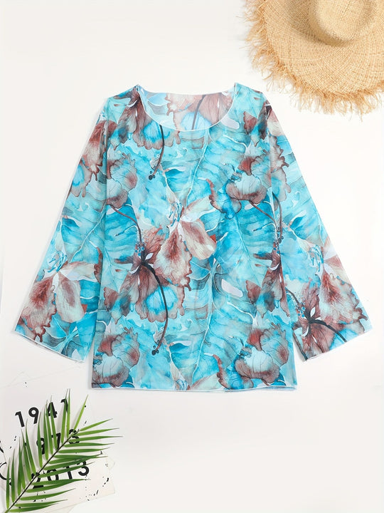 Damen transparenter Strandoberteil mit floralem Muster EB