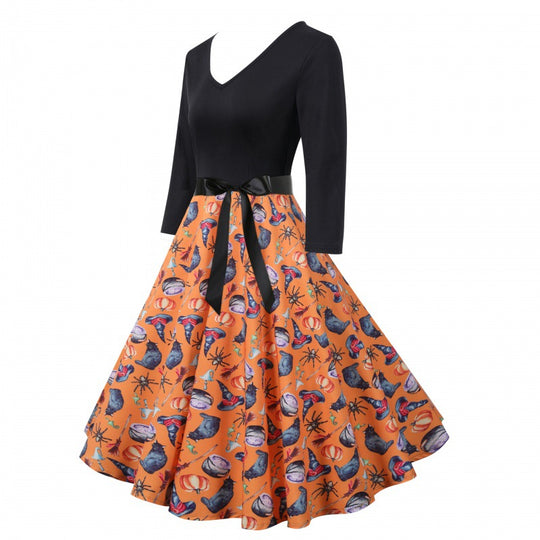 Damen Vintage-inspiriertes Swingkleid mit V-Ausschnitt, Dreiviertelärmeln und voluminösem Tellerrock EB