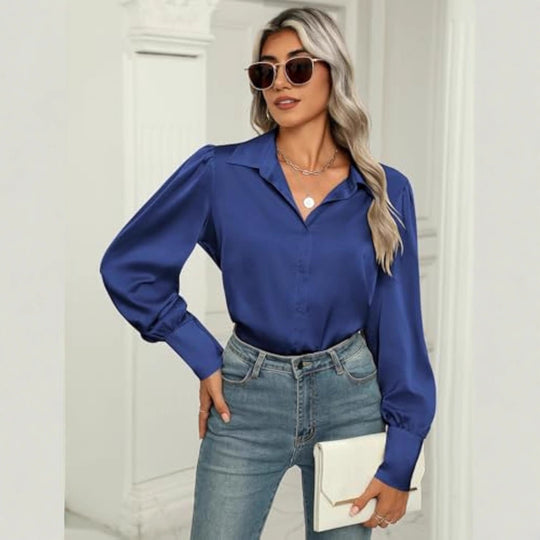 Damen Seidenoptik-Bluse mit Hemdkragen, verdeckter Knopfleiste und langen Manschetten EB