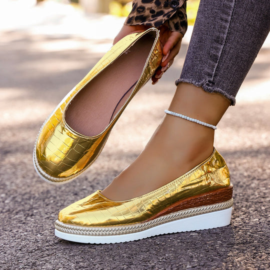 Damen Plattform-Ballerinas mit modischem Krokopattern und elastischer Einlage EB