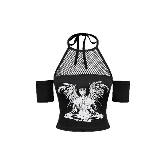 Damen Trendiges Crop-Top mit Netzdetails und originellem Grafiklitz EB