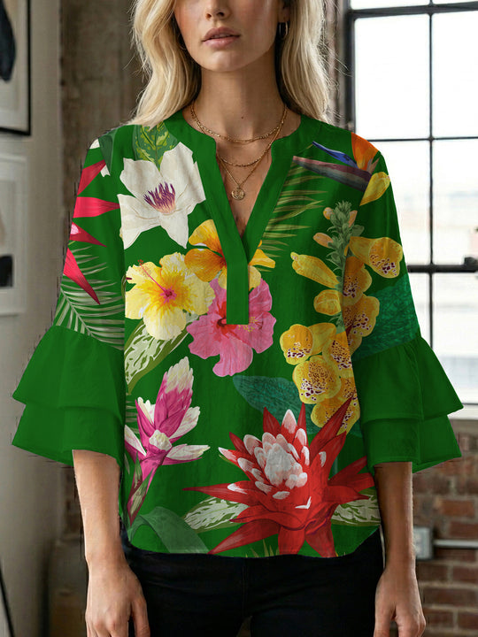 Damen Blusenshirt mit voluminösen Ärmeln und floralem Muster EB